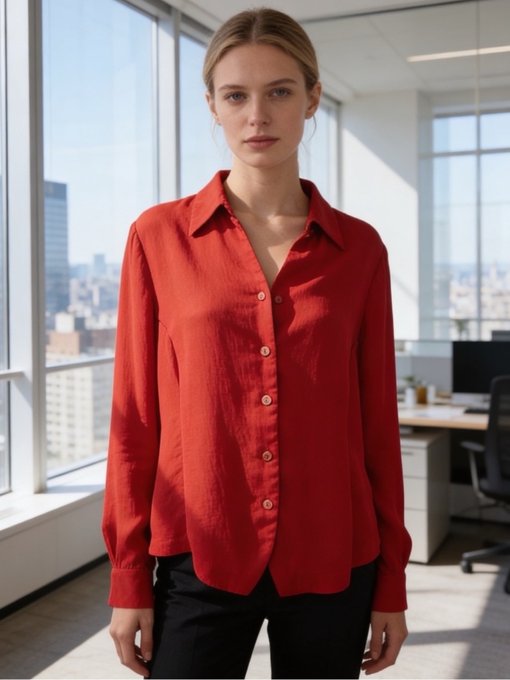 Liz Baker Petite Red Button Front Blouse Size 10P Classic Work Top